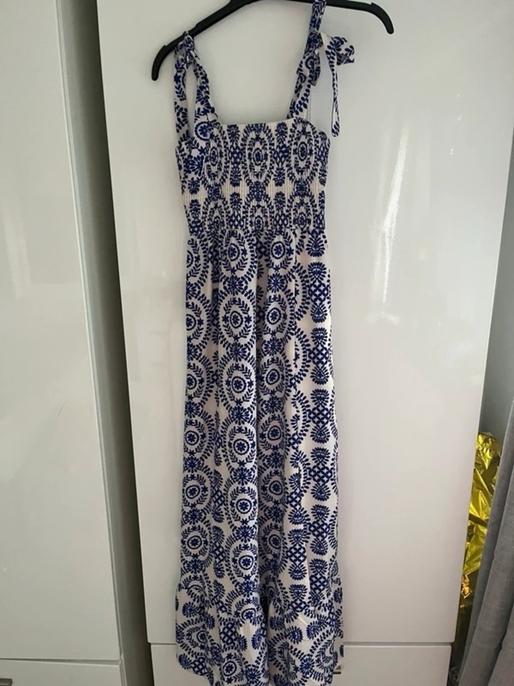 Blue and White Printed Tie-Shoulder Maxi Dress